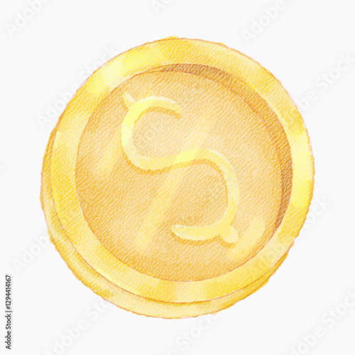 Hand-painted watercolor gold coin with dollar symbol