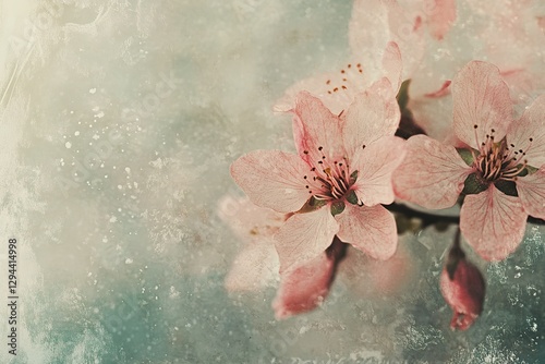 Delicate pink blossoms on a branch with soft textures and muted background colors