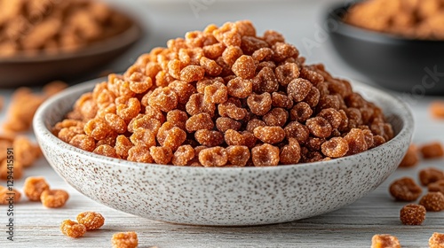 Sweetened cereal clusters in bowl on white wood; bowls of cereal in background photo