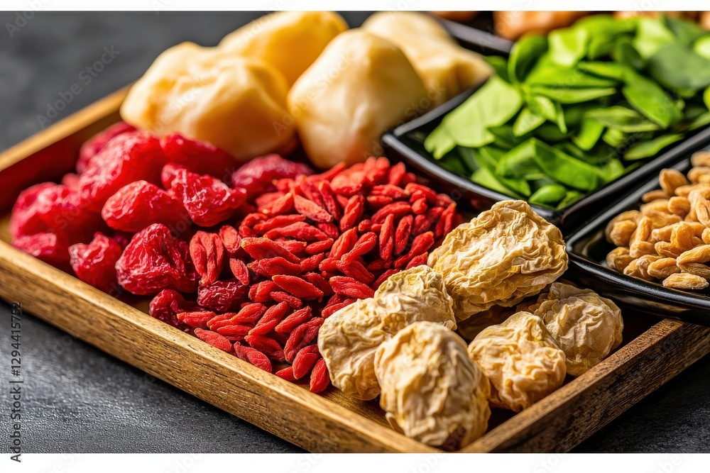 Colorful Arrangement of Dried Fruits and Nuts on Wooden Tray Colorful Arrangement of Dried Fruits and Nuts on Wooden Tray