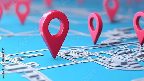 Futuristic digital navigation interface with detailed topographic map hovering 3D location pins and seamless travel planning tools for modern transportation and