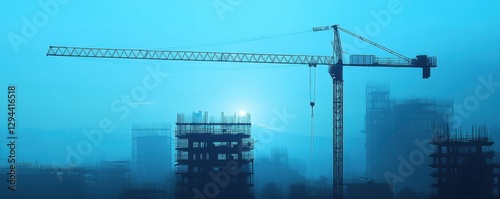 A tall crane stands majestically in the thick, swirling fog.