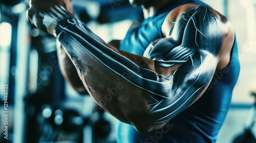Close-up of a muscular arm flexing, with detailed veins and tendons visible, symbolizing strength and physiology. The background is blurred, focusing on the muscle structure