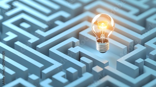 Glowing light bulb shining at the exit of an intricate maze like pattern representing the breakthrough of creative problem solving innovative ideas