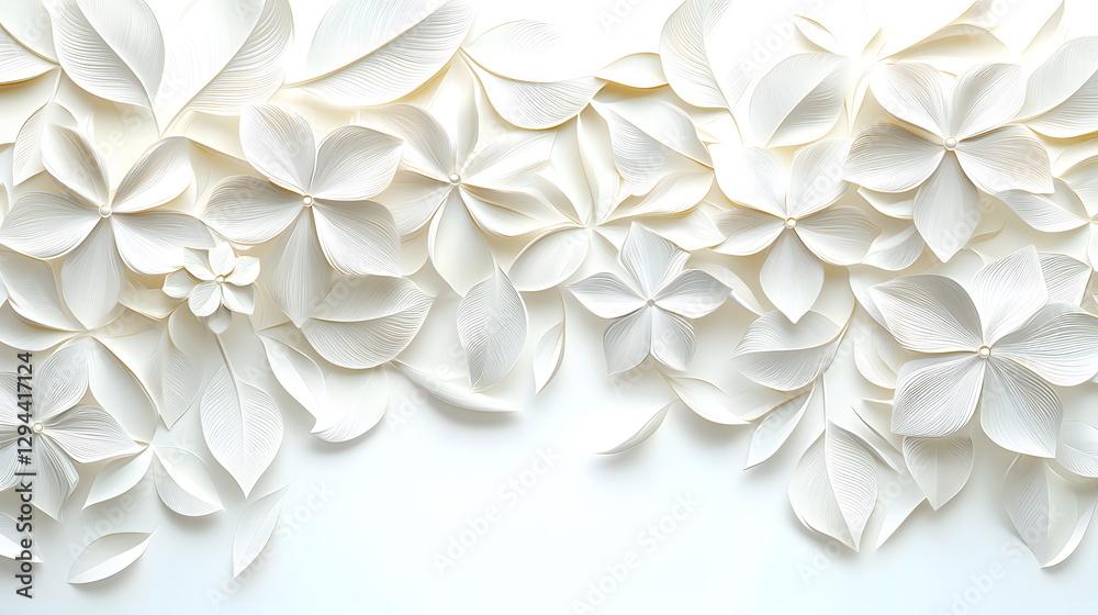 Delicate white paper flowers arranged artistically on a light background creating a serene and elegant design. Delicate white paper flowers arranged artistically on a light background creating a serene and elegant design.