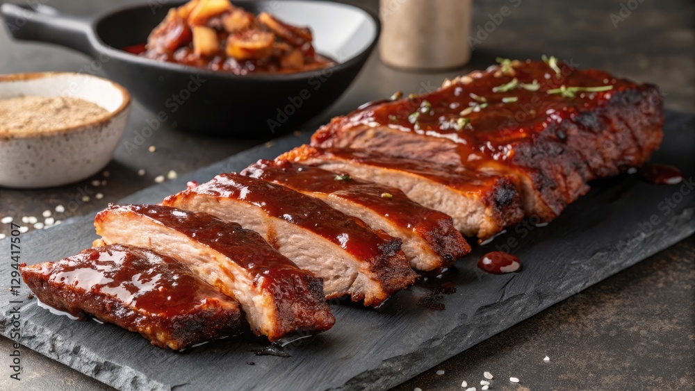 Succulent barbecue ribs with rich glaze and side dish Succulent barbecue ribs with rich glaze and side dish
