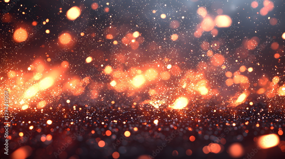 Obraz premium Sparkling particles floating in air with bright warm tones and a dark blurry background creating an abstract effect.