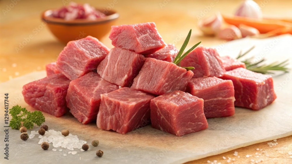 Freshly cut beef cubes ready for cooking Freshly cut beef cubes ready for cooking