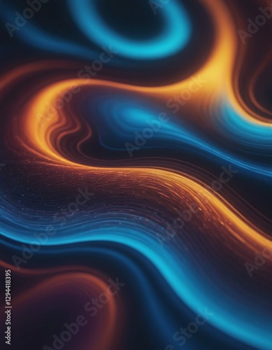 Vibrant teal and orange waves flow and intertwine in an abstract composition, creating a dynamic and luminous display of color and movement, with darker tones adding depth and a fluid, organic feel