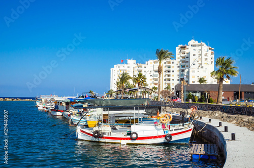 Fisher boats in the port near city Famagusta, Cyprus photo