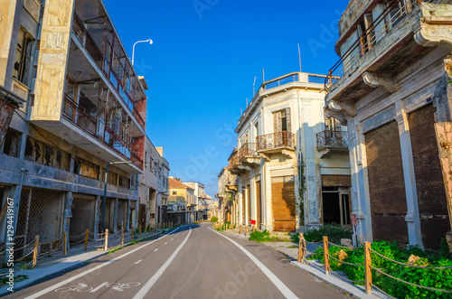Street of abandoned resort  quarter Varosha of city Famagusta, Northern Cyprus. Between 1970 and 1974, it was one of the most popular tourist destinations in the world.  
