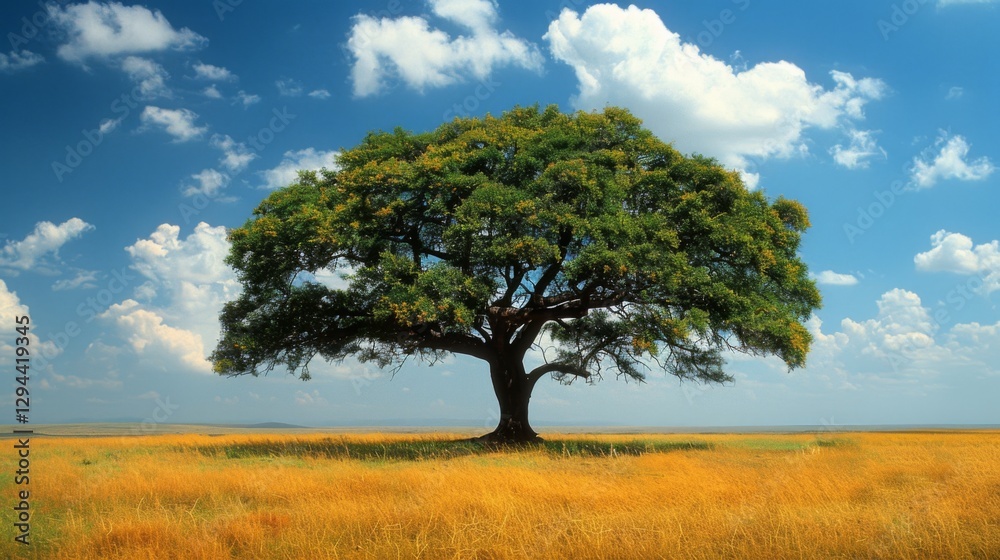 A large and vibrant tree provides shade in a vast field of golden grass. Fluffy clouds float in a clear blue sky on a sunny day, creating a serene and tranquil atmosphere. A large and vibrant tree provides shade in a vast field of golden grass. Fluffy clouds float in a clear blue sky on a sunny day, creating a serene and tranquil atmosphere.