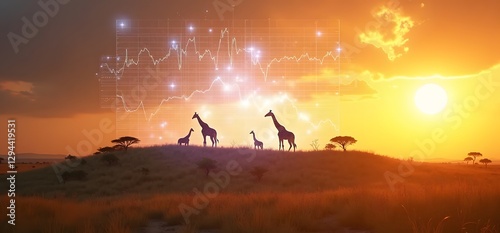 A glowing white holographicprojection of graphs above a savanna hill giraffes browsing golden hour light sci fi nature aesthetic. photo