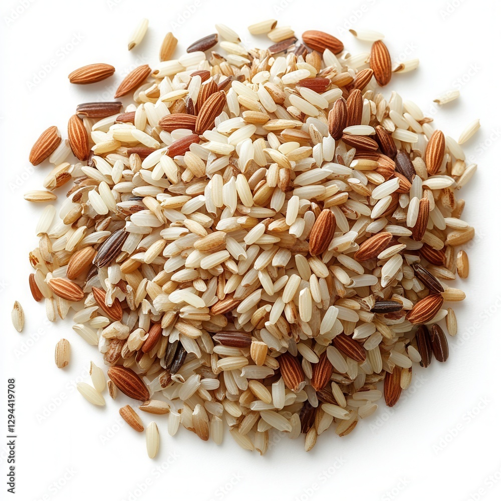 Obraz premium A mixture of white and brown rice on a white background – natural grains for healthy eating.