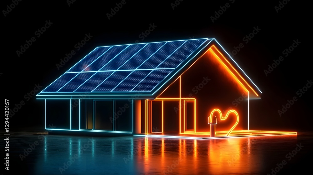 Minimalist Futuristic Home Design with Neon Accents and Illuminated Solar Panels Symbolizing Renewable Energy Technology in Smart Living Spaces