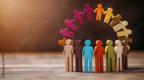 Minimalist design depicting a diverse group of human figures in various colors and shapes forming a balanced and harmonious circular composition symbolizing concepts of diversity inclusion community