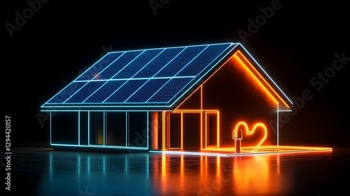 Obraz na płótnie Minimalist Futuristic Home Design with Neon Accents and Illuminated Solar Panels Symbolizing Renewable Energy Technology in Smart Living Spaces w salonie
