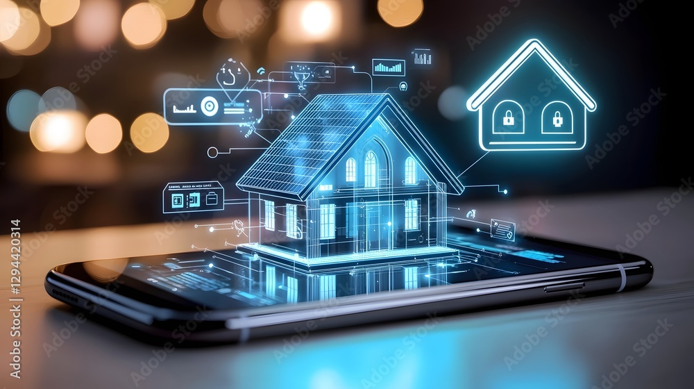 Modern smartphone screen displaying a seamless digital dashboard for smart home automation and management A 3D holographic house icon is prominently featured