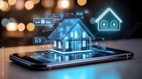 Obraz na płótnie Modern smartphone screen displaying a seamless digital dashboard for smart home automation and management A 3D holographic house icon is prominently featured w salonie