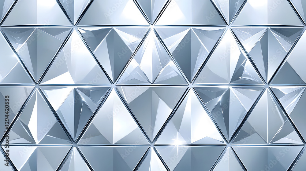 Triangular reflective tiles arranged in a geometric pattern creating a shiny metallic surface with depth and texture. Triangular reflective tiles arranged in a geometric pattern creating a shiny metallic surface with depth and texture.