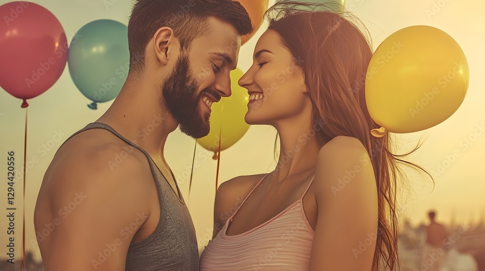 Passionate embrace of a blissful couple surrounded by colorful balloons with soft sunlight highlighting their expressions of romance and carefree love