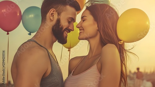 Obraz na płótnie Passionate embrace of a blissful couple surrounded by colorful balloons with soft sunlight highlighting their expressions of romance and carefree love w salonie