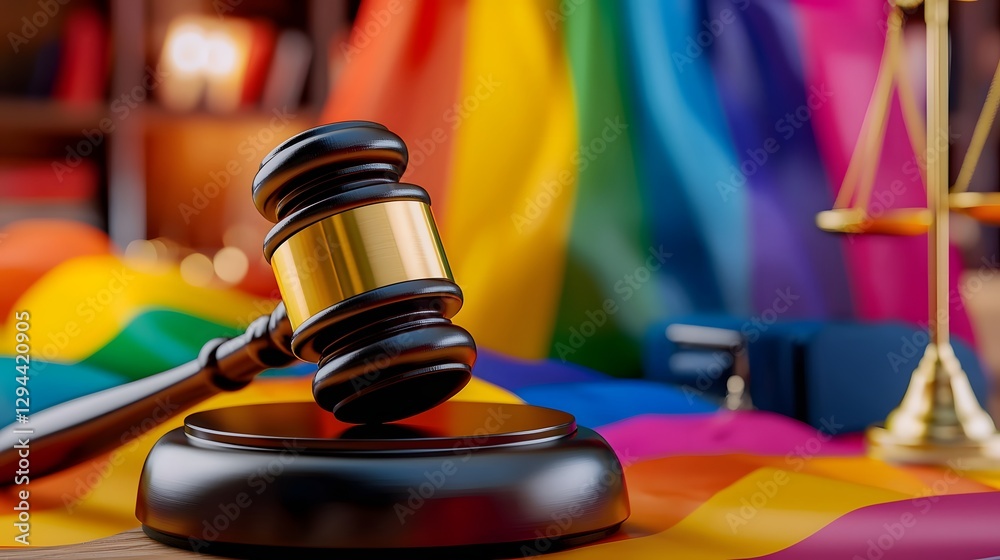 Powerful courtroom gavel sitting atop a vibrant rainbow LGBT pride flag symbolizing the ongoing legal advocacy and pursuit of justice for the LGBTQ community