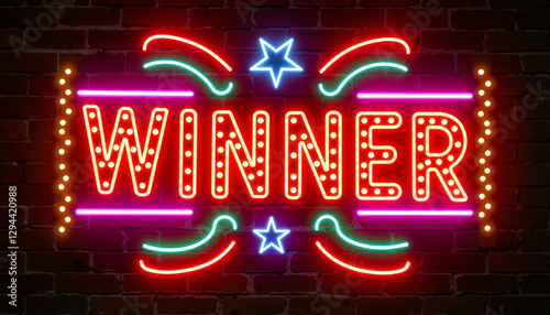 Energetic glowing winner sign with marquee lights, celebration symbolism