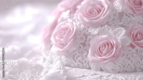 Pink roses arranged on delicate lace fabric with soft lighting creating an elegant, romantic atmosphere indoors.