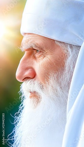 Elderly man, white robe, profile view, outdoor sunlit background