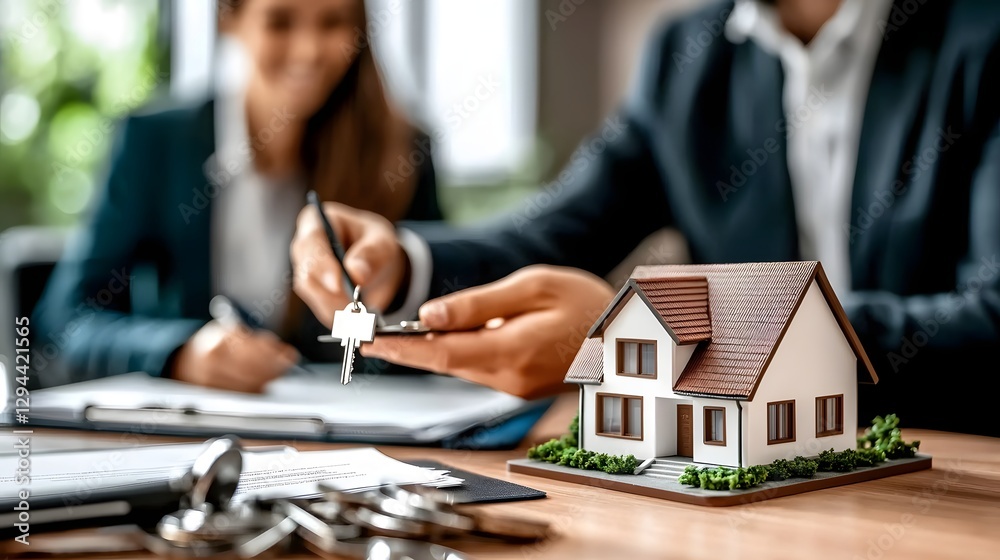Real Estate Agent Handing Keys to a Happy Young Couple Miniature House Model on Table Signing Mortgage Agreement Symbolizing Homeownership and Property Investment