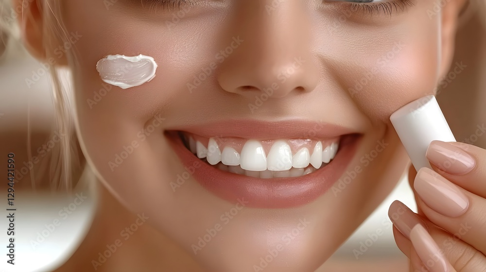 Radiant woman with flawless glowing skin applying soothing hydrating cream to her cheek showcasing a soft serene smile and a tranquil relaxed expression This image represents the essence of skincare