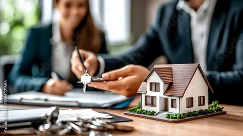 Obraz na płótnie Real Estate Agent Handing Keys to a Happy Young Couple Miniature House Model on Table Signing Mortgage Agreement Symbolizing Homeownership and Property Investment w salonie