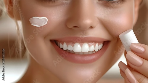 Obraz na płótnie Radiant woman with flawless glowing skin applying soothing hydrating cream to her cheek showcasing a soft serene smile and a tranquil relaxed expression This image represents the essence of skincare w salonie
