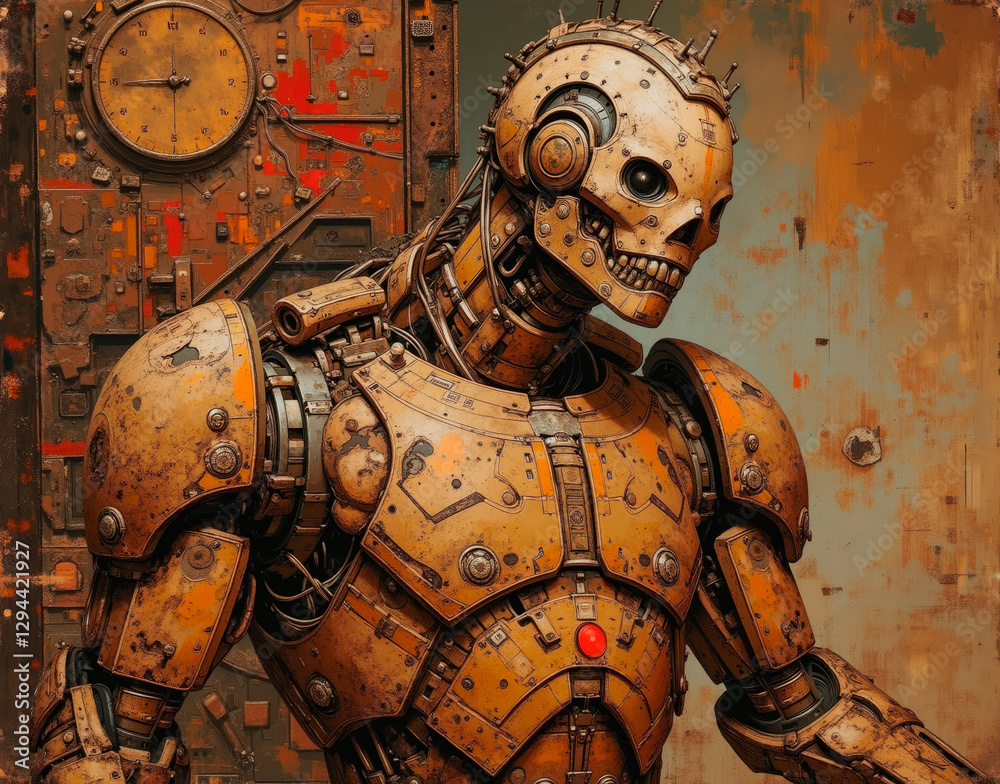 Fototapeta premium AI historian core with servers archiving civilizations, surrounded by dust-covered relics and ancient textures.