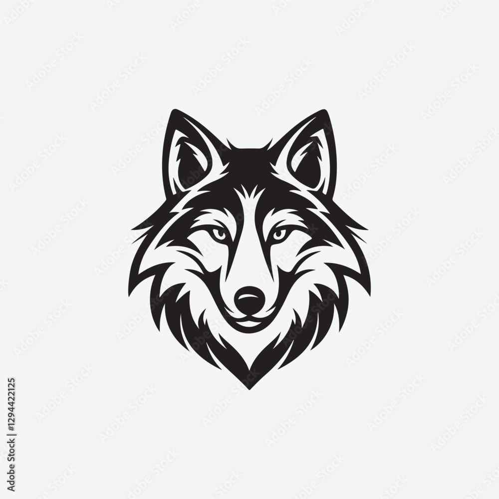 Fototapeta premium Download a high-quality wolf face vector silhouette with clean, sharp lines in black and white. Perfect for logos, tattoos, decals, and digital designs.