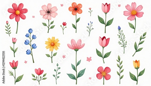 A collection of hand-drawn cute flower icons set in pastel colors on a white background, hand-drawn, whimsical