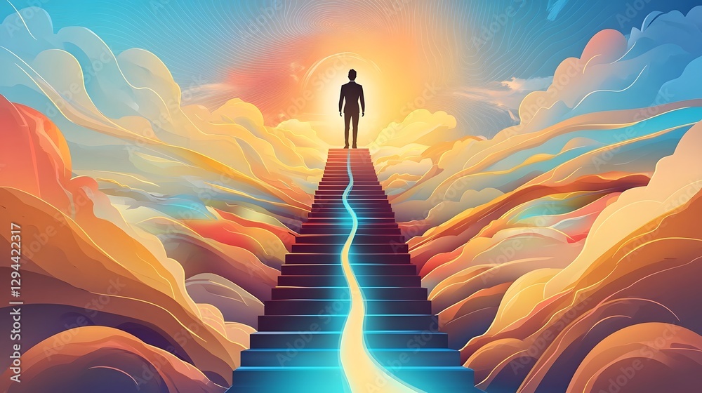 Silhouetted Confident Businessman Standing on Target Platform with Glowing Success Path Beneath Him Representing Strategic Planning Teamwork and Triumphant Achievement in Business and Career