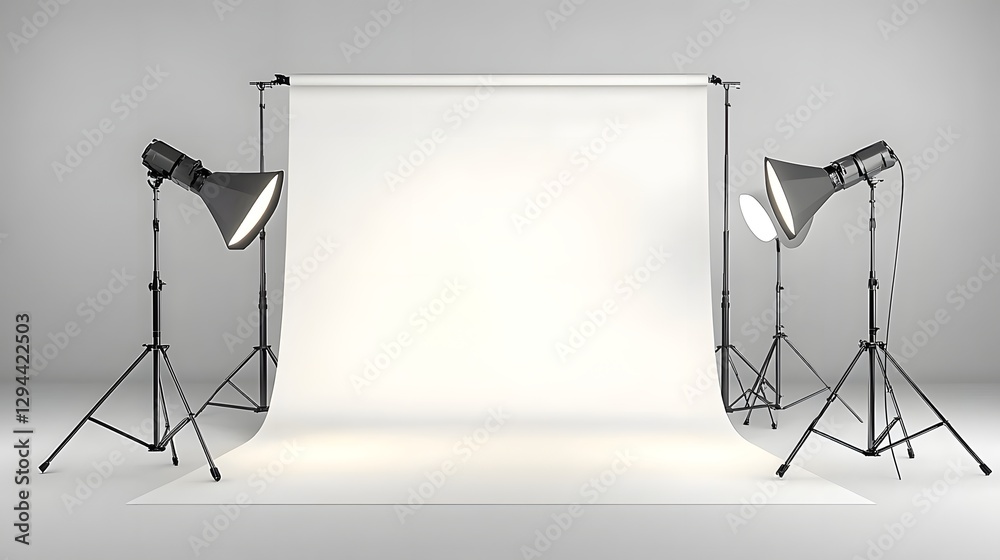 Sleek and modern photography studio featuring a flawless white cyclorama backdrop and optimized diffused lighting setup perfect for professional fashion product and commercial photography projects