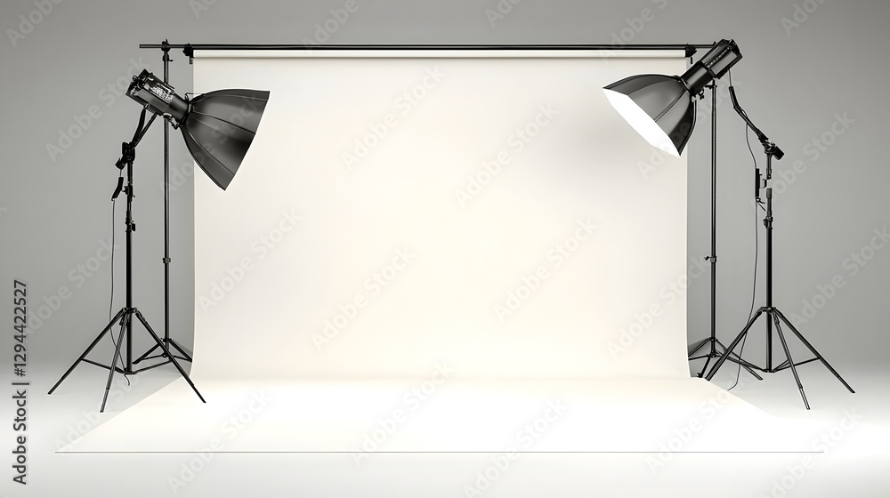Sleek and modern photography studio setup featuring a flawless white cyclorama backdrop and diffused lighting arrangement optimized for professional fashion product and commercial photography needs