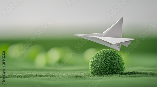 Sleek paper airplane gracefully soaring around a vibrant green globe symbolizing sustainable development clean energy and environmental conservation for a brighter future