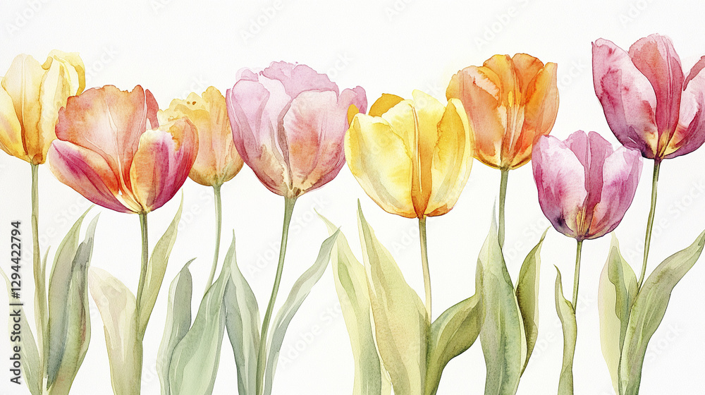 Vibrant watercolor tulips in soft hues of pink, yellow, and orange Vibrant watercolor tulips in soft hues of pink, yellow, and orange