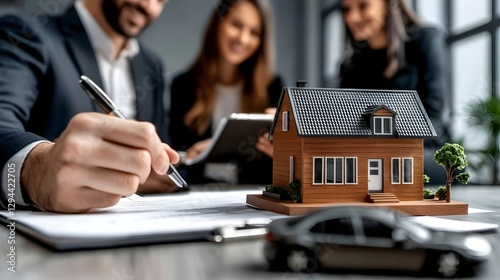 Obraz na płótnie Smiling young couple signing home loan documents on the table with a real estate agent guiding them small house model representing home buying success and real estate investment w salonie