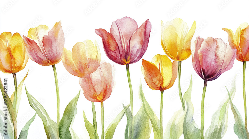Vibrant watercolor tulips in soft hues of pink and yellow Vibrant watercolor tulips in soft hues of pink and yellow