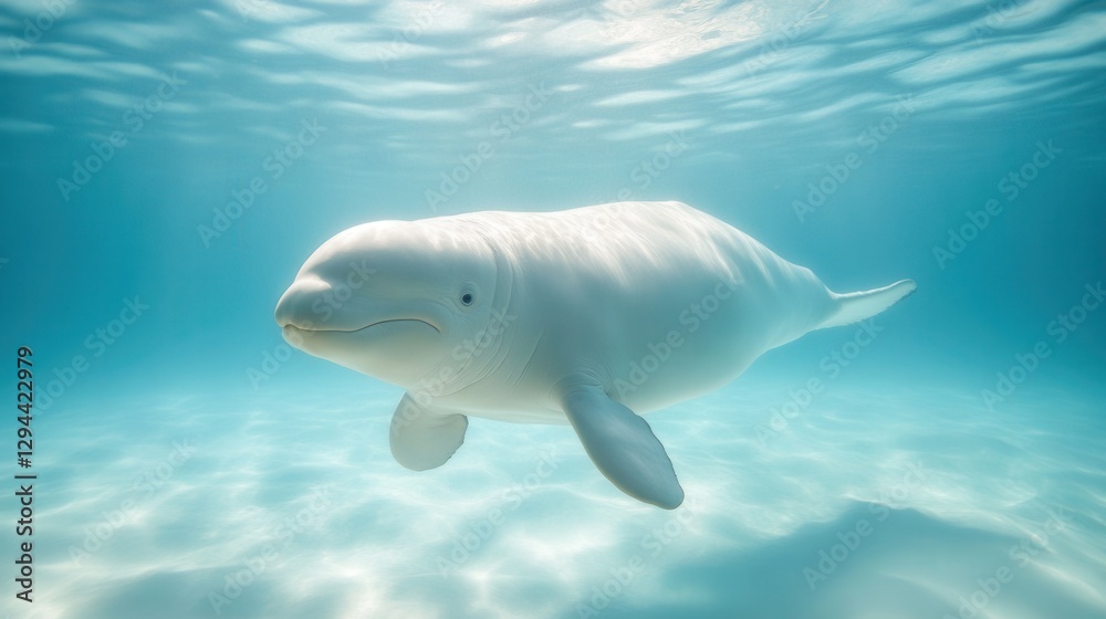 Naklejka premium Beluga whale underwater – a realistic underwater photography of a graceful white whale in the deep ocean. A stunning marine landscape showcasing nature’s harmony.