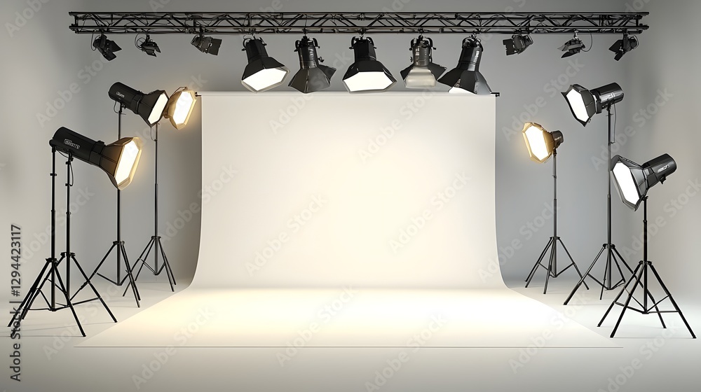 Sophisticated Photography Studio Setting with Seamless White Background Soft Natural Shadows and State of the Art Lighting Equipment Designed for Premium Product and Model Shoots