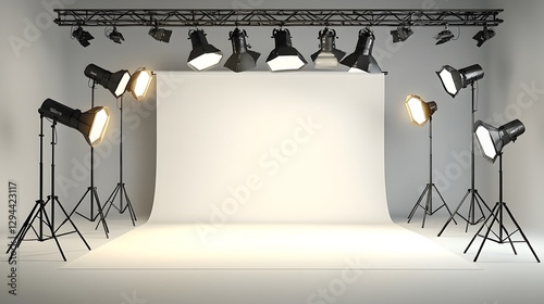 Obraz na płótnie Sophisticated Photography Studio Setting with Seamless White Background Soft Natural Shadows and State of the Art Lighting Equipment Designed for Premium Product and Model Shoots w salonie