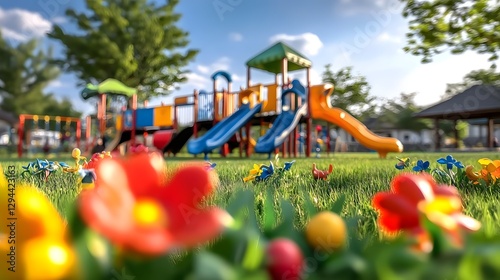 Spacious and inviting playground featuring modern equipment in vibrant colors enhancing the playful setting and surrounded by lush natural scenery and a protective fence