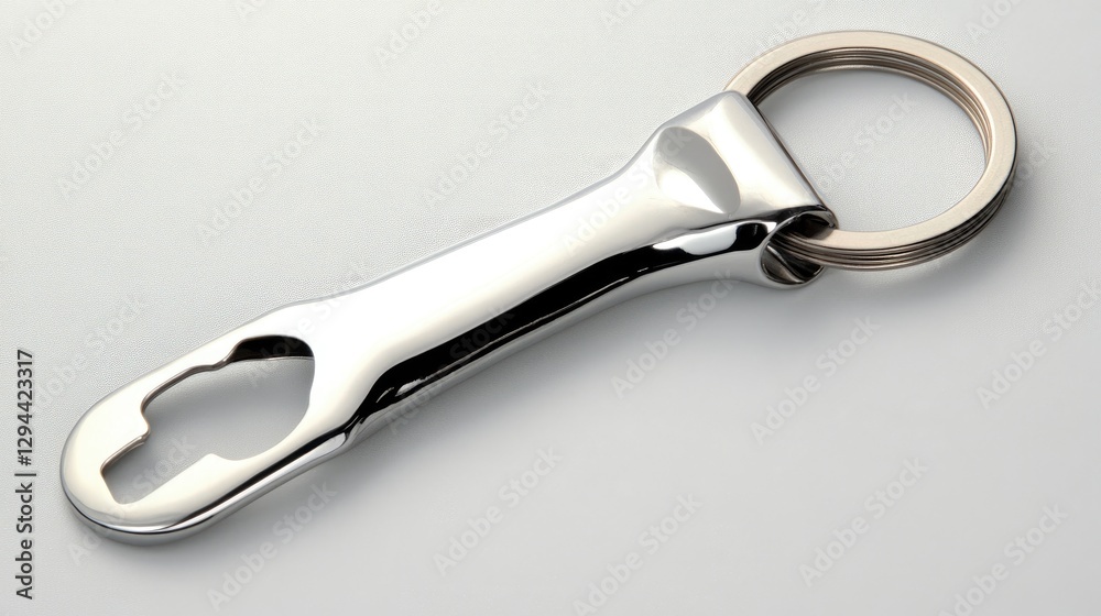 A bottle opener keychain with a metallic finish, placed on a bright white surface A bottle opener keychain with a metallic finish, placed on a bright white surface