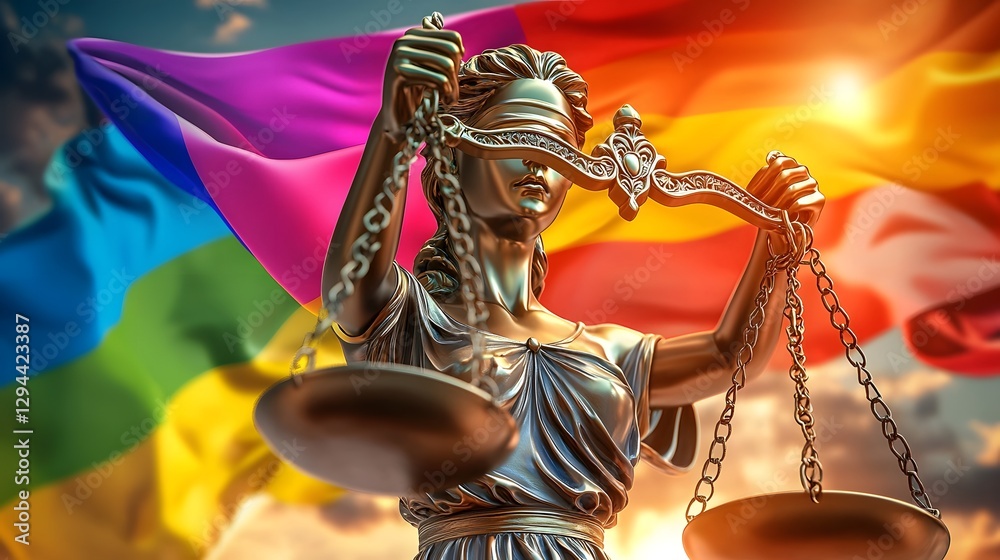 Striking allegorical composition depicting the iconic Statue of Justice standing firm with a vibrant LGBT pride flag draped over her shoulders